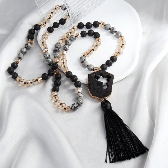 Luxe Druzy Beaded Glass Knot Tassel Long Wrap Necklace - Picture 3 of 7